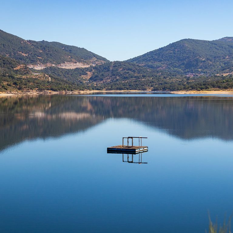 Pantano y un muelle flotando en el centro.